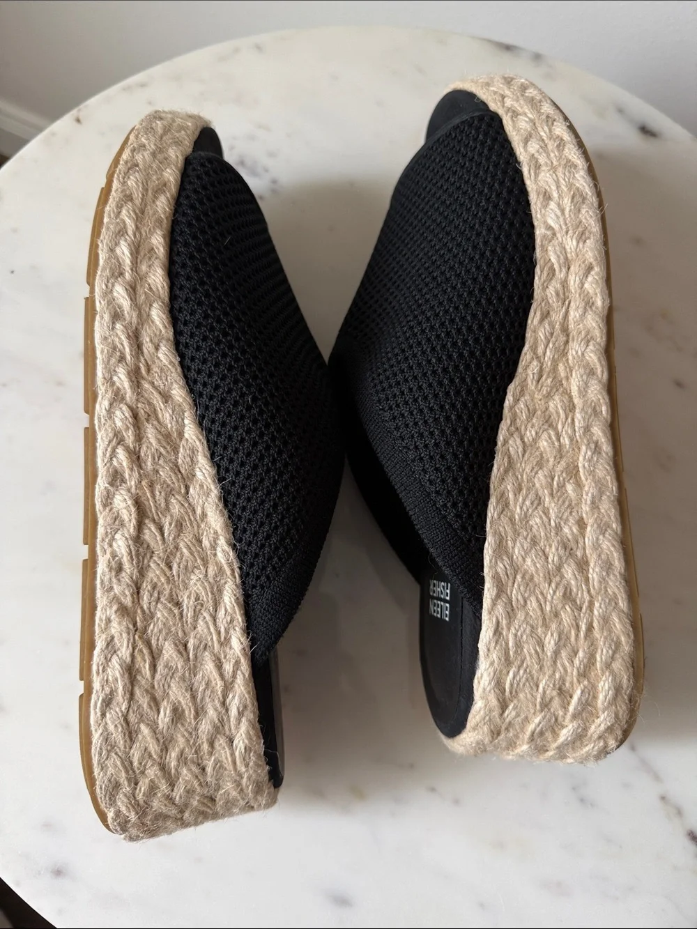 Eileen Fisher Black Mesh Espadrille Slides with Natural Jute Sole